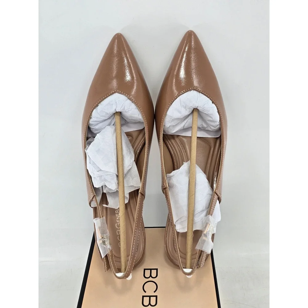 BCBGeneration Kindy Slingback Heels Womens 9M Tan Patent Pointed Toe - New